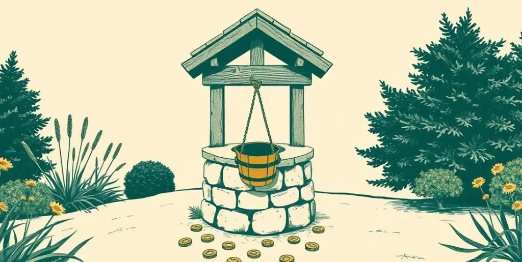 Illustration of a stone wishing well with a bucket on a rope