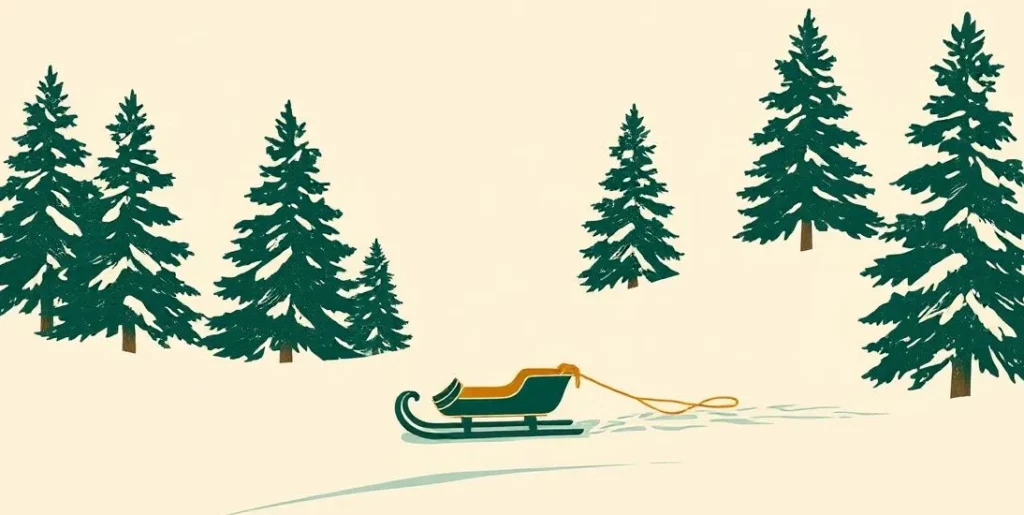 Illustration of a sled gliding down a gentle snowy slope between pines