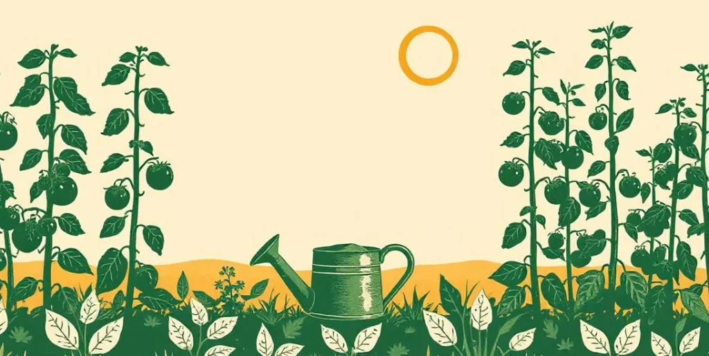 Illustration of a thriving vegetable garden with a watering can on a sunny day