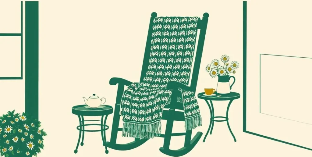 Illustration of a porch rocking chair beside a teapot and a vase of daisies