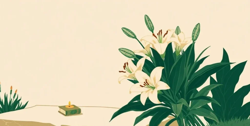 Illustration of white lilies and a lit candle on a stone garden bench