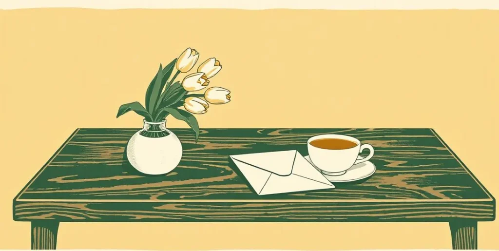 Illustration of a sealed envelope, a bouquet of tulips and a teacup on a desk