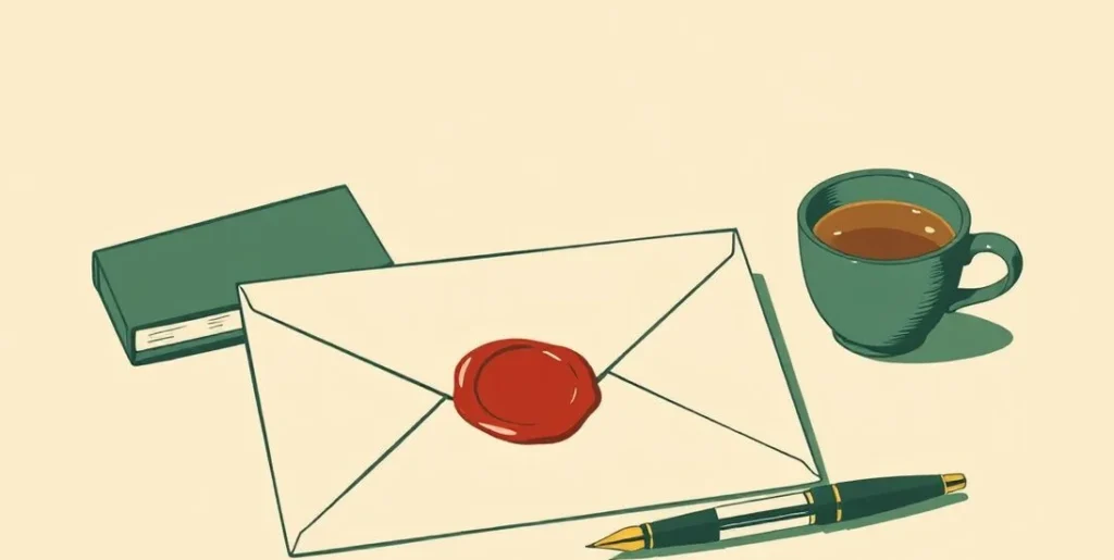 Illustration of a sealed envelope with a red wax seal beside a fountain pen and a cup of tea
