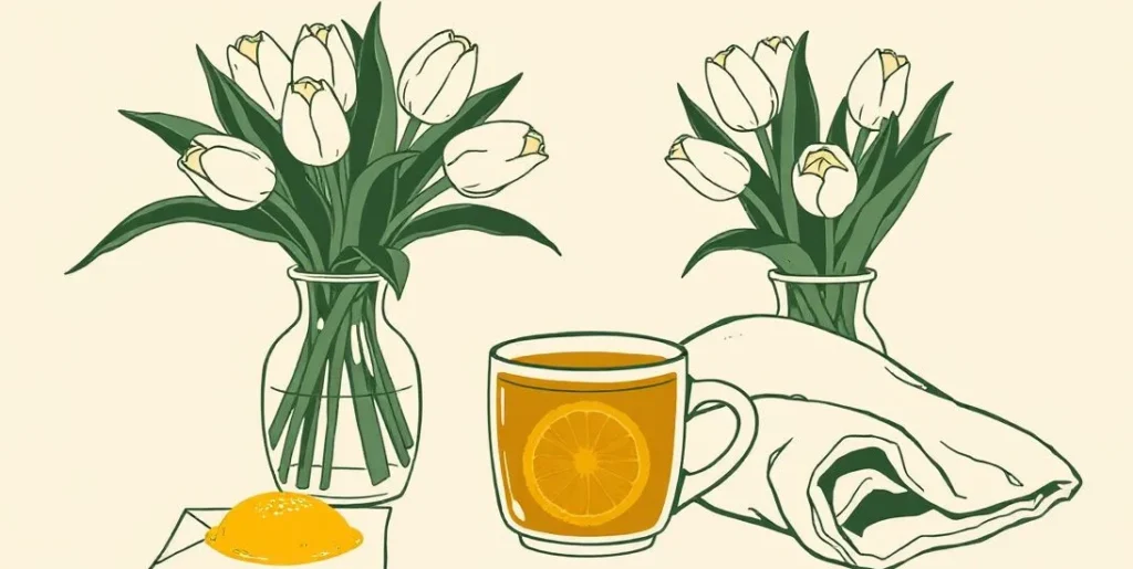 Illustration of a mug of tea with honey and lemon beside tulips