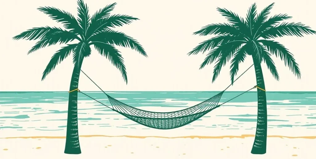 Illustration of a hammock between palm trees on a tropical beach
