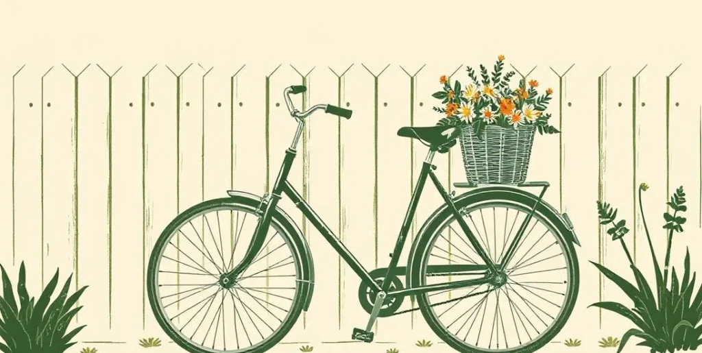 Illustration of a bicycle with a flower basket leaning against a garden fence