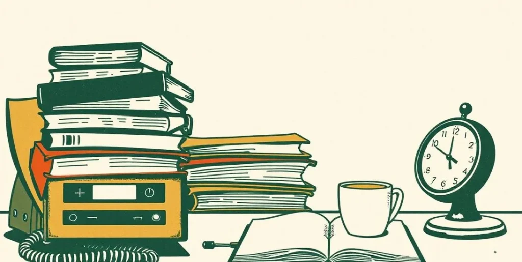 Illustration of a busy desk with stacked folders, a telephone and a coffee cup