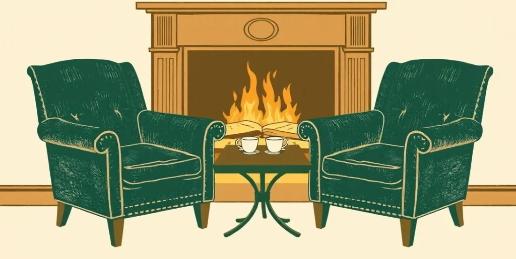 Illustration of two armchairs facing each other by a fireplace with two teacups