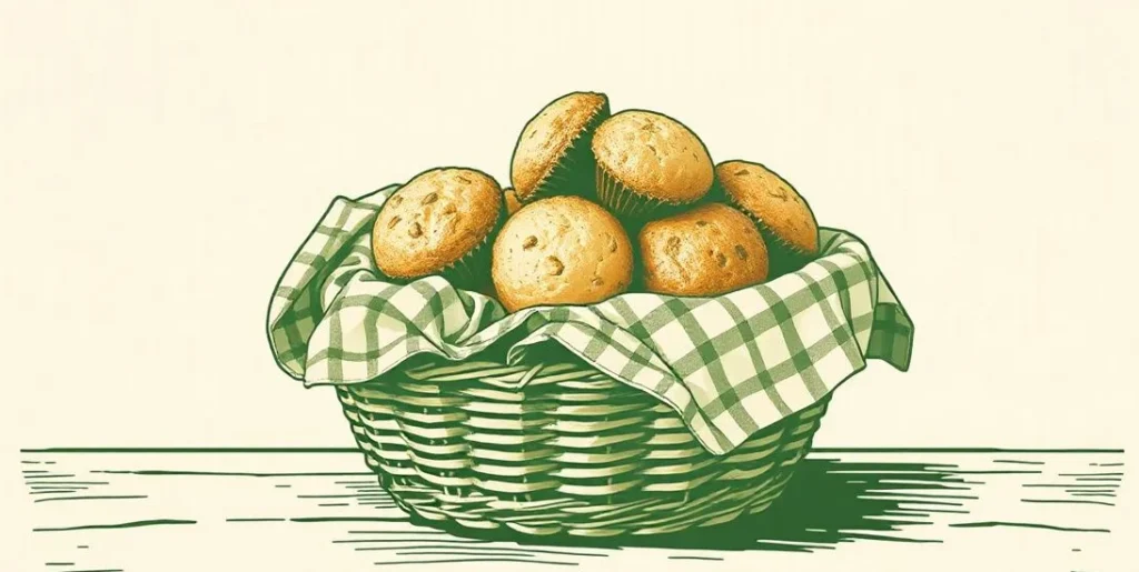 Illustration of a ribbon-tied basket of homemade muffins under a checked cloth