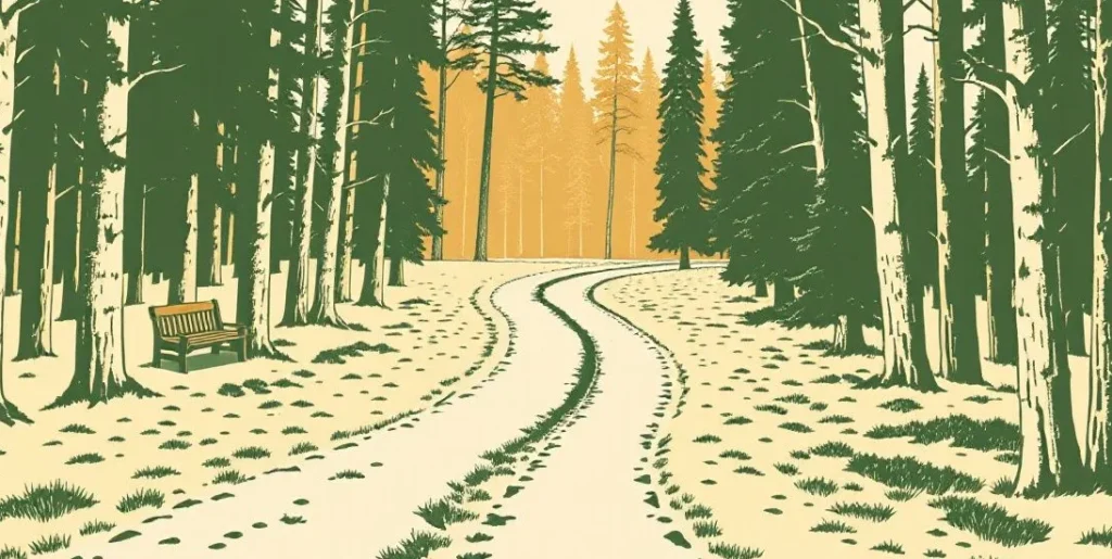 Illustration of a forest path splitting into two trails beside a bench