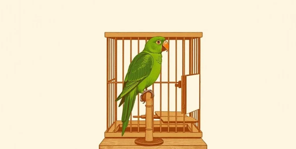 Illustration of a green parrot on a perch beside an open birdcage