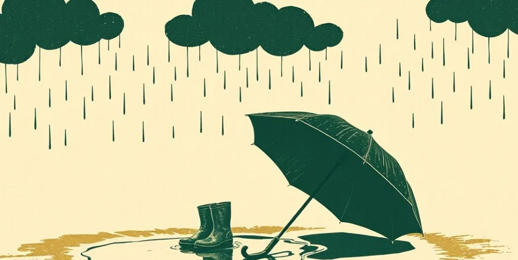Illustration of an open umbrella and rubber boots beside a puddle in the rain
