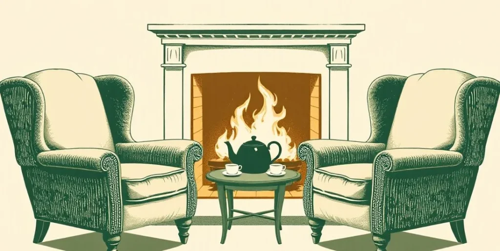 Illustration of two armchairs by a fireplace with a teapot between them