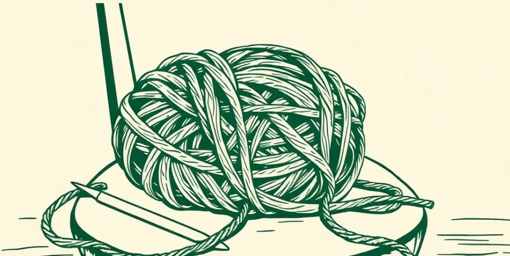 Illustration of a tangled, knotted ball of yarn beside knitting needles
