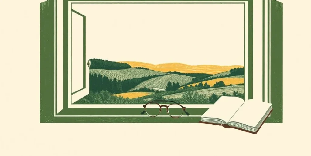 Illustration of spectacles on a windowsill overlooking a wide landscape