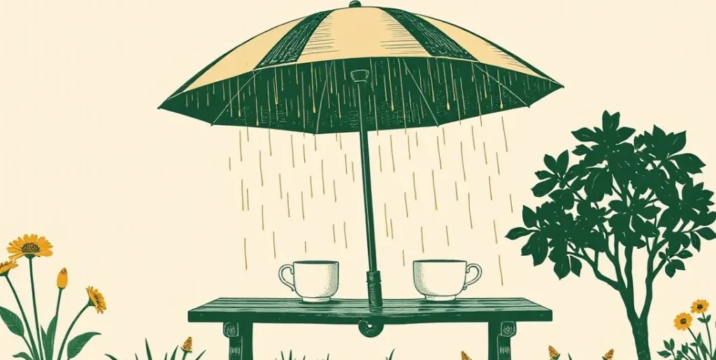 Illustration of an umbrella sheltering two cups of tea on a bench in rain