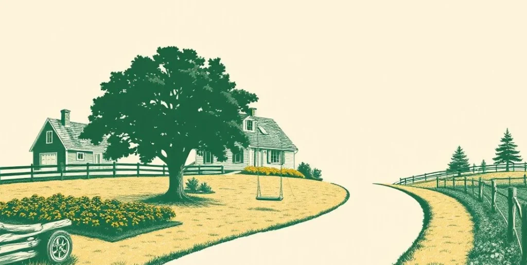 Illustration of a hometown farmhouse with a tree swing and a vegetable patch