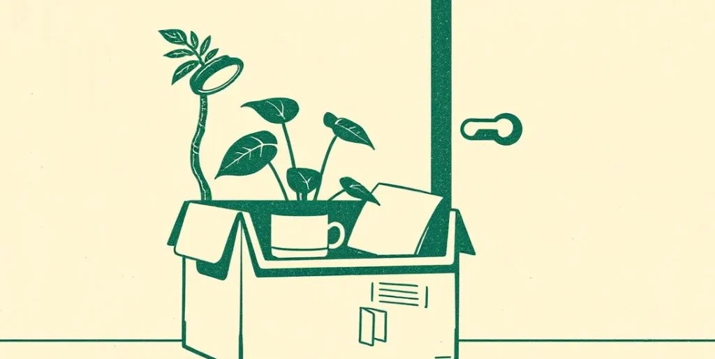 Illustration of a cardboard box with a desk plant and mug by an office door