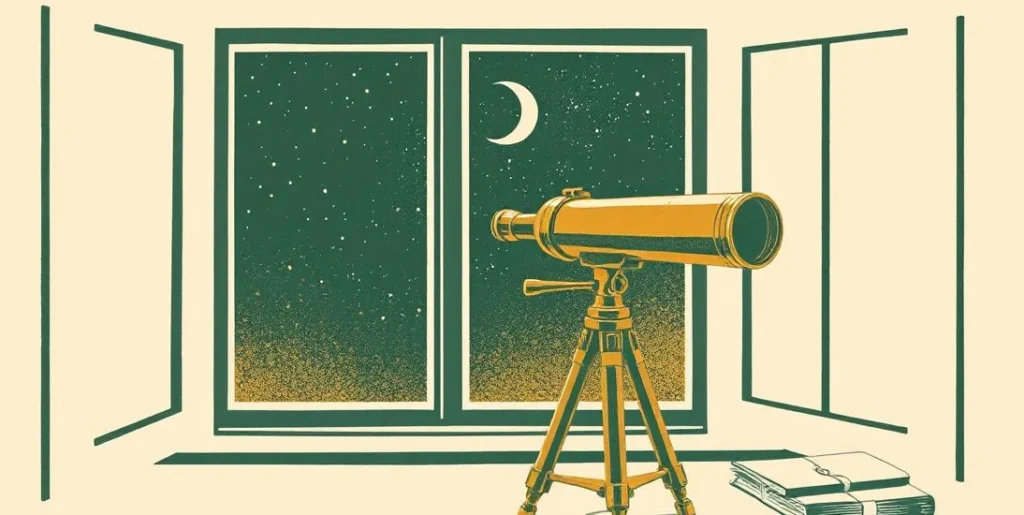 Illustration of a brass telescope on a windowsill aimed at a starry sky