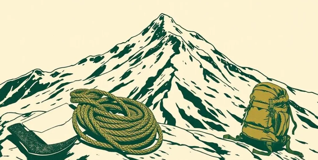 Illustration of climbing gear on a rocky ledge below a snowy summit