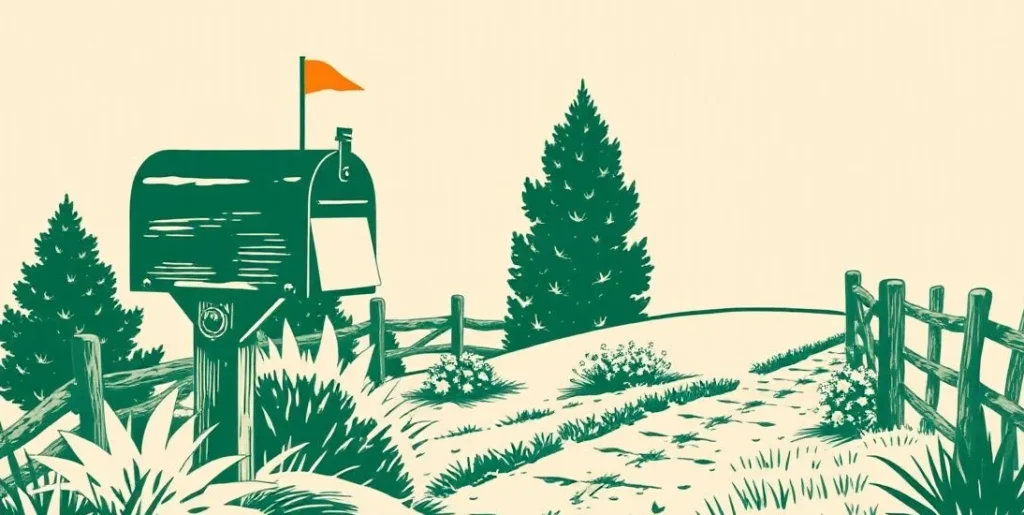 Illustration of a mailbox with its flag raised at the end of a garden path