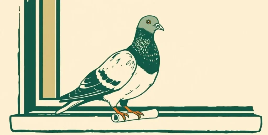Illustration of a carrier pigeon with a small scroll on a windowsill
