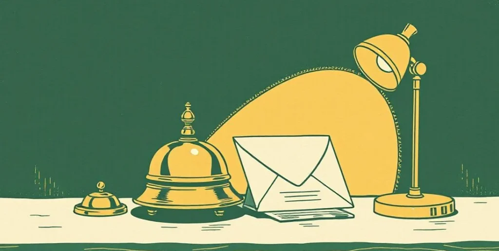 Illustration of a brass service bell on a desk beside an envelope and lamp