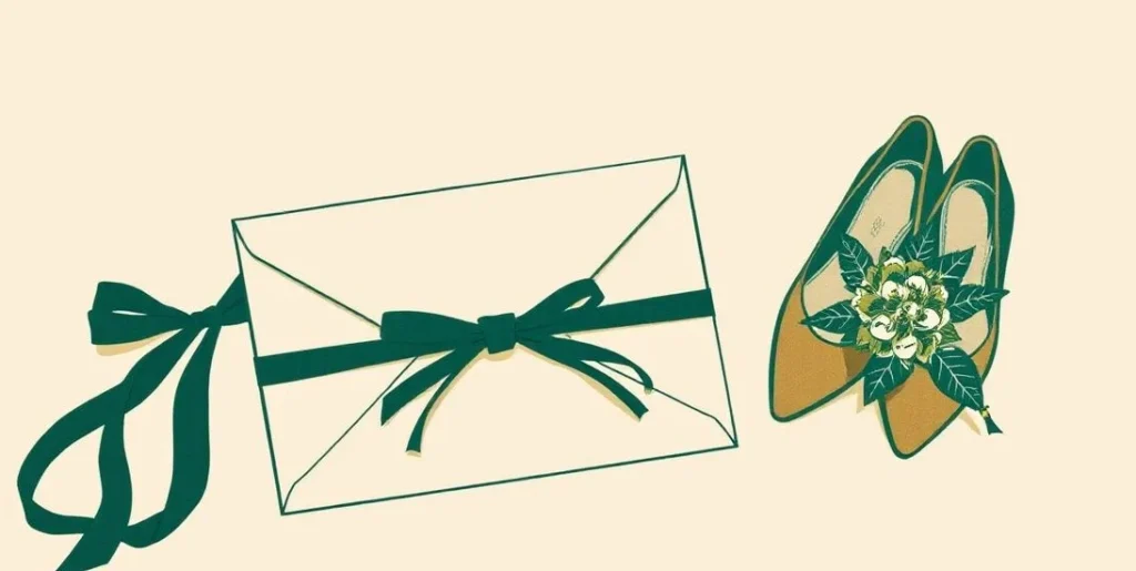 Illustration of a ribboned invitation envelope beside dance shoes and a corsage