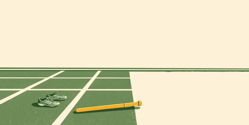 Illustration of running shoes and a relay baton at a track starting line