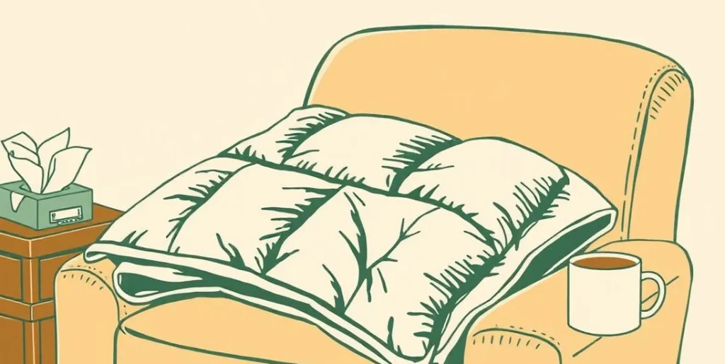 Illustration of a quilt on an armchair beside tissues and a mug of cocoa