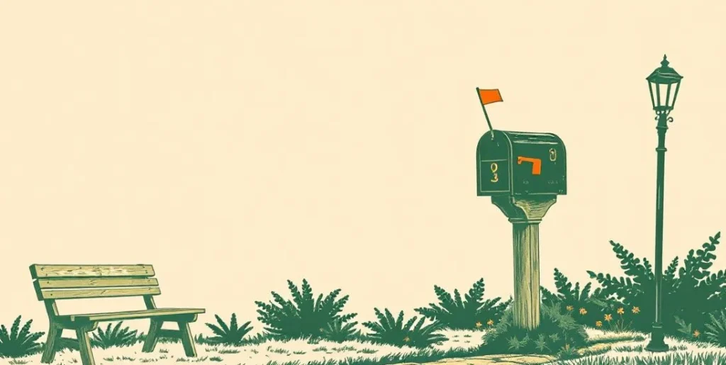 Illustration of a mailbox with its flag raised at the end of a garden path