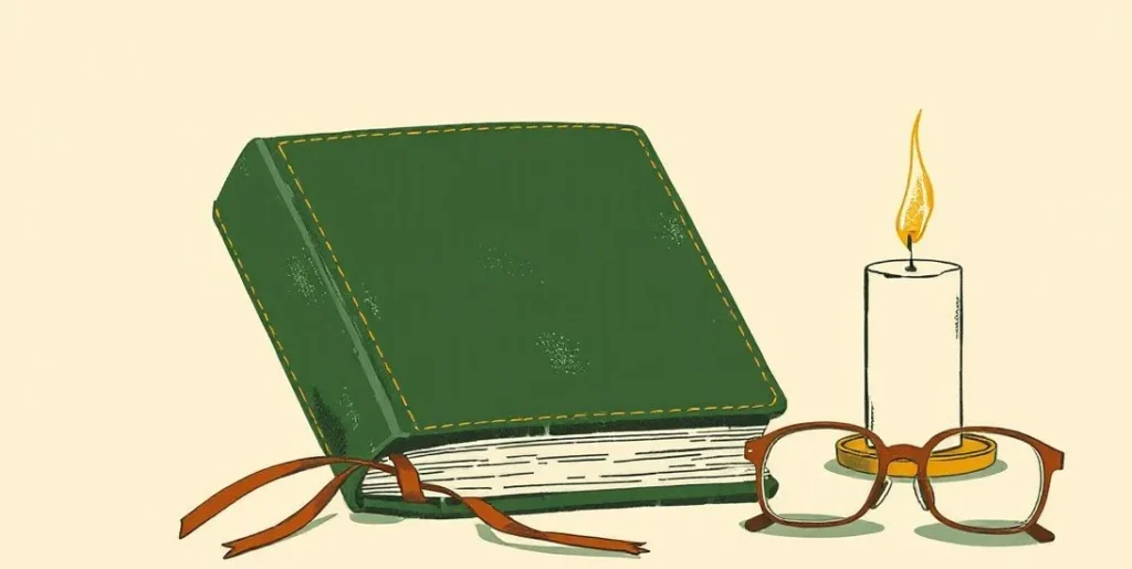 Illustration of a closed leather book beside a snuffed candle and spectacles