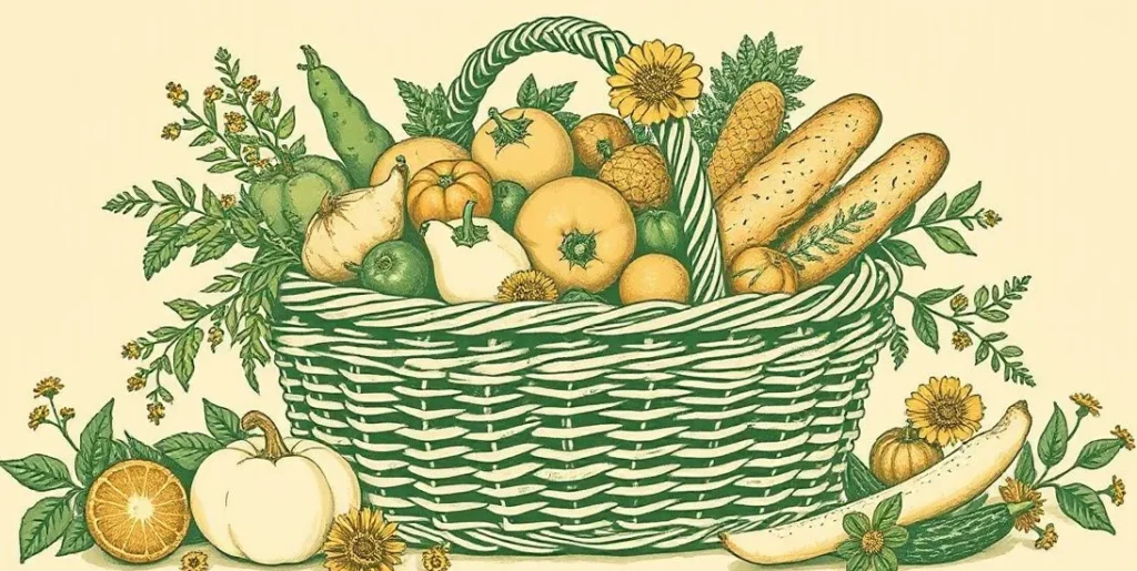 Illustration of a woven basket overflowing with fruits, vegetables and bread