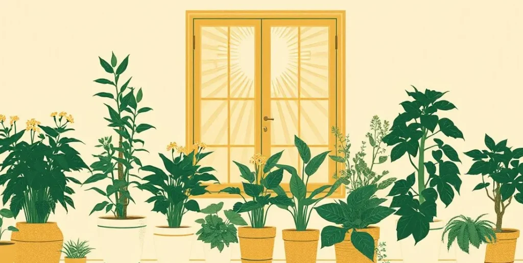 Illustration of sunlight spreading through a window across blooming potted plants