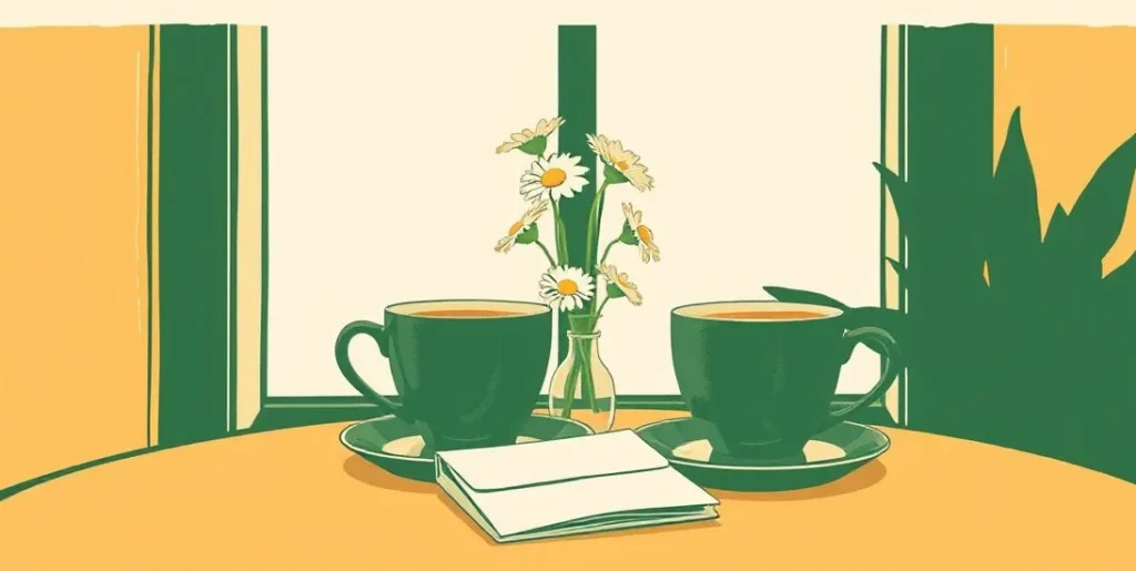 Illustration of two coffee cups and a vase of daisies on a cafe table
