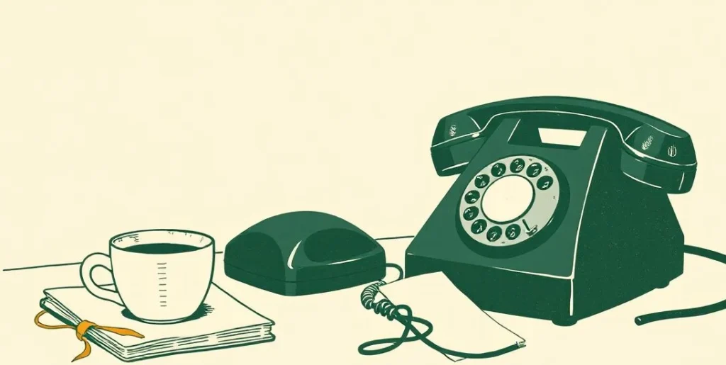 Illustration of a rotary telephone beside a cup of coffee and a notepad