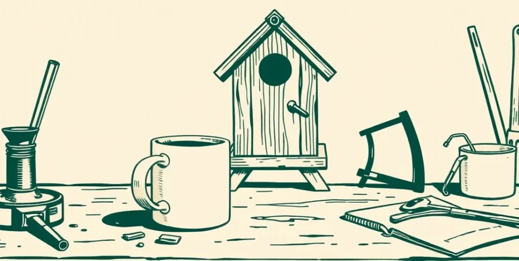 Illustration of two coffee mugs beside a finished wooden birdhouse and tools