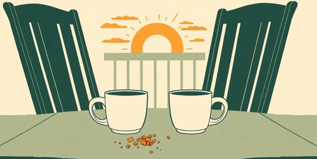 Illustration of two empty cups on a porch table at sunset with chairs pushed back