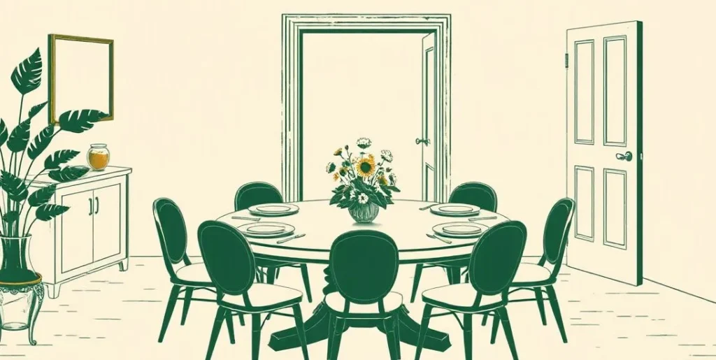 Illustration of a set dining table with empty chairs and an open door