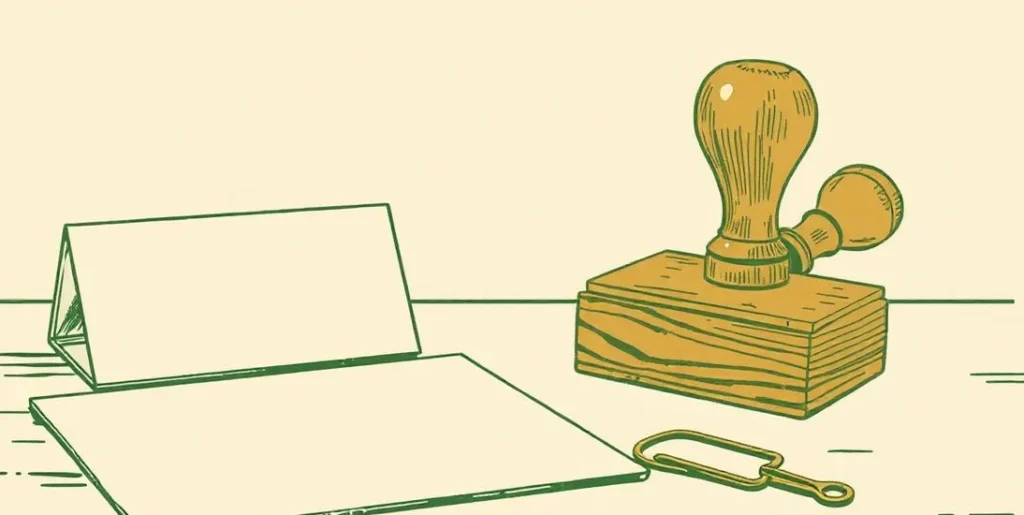 Illustration of a rubber stamp, ink pad and stack of paper on a desk