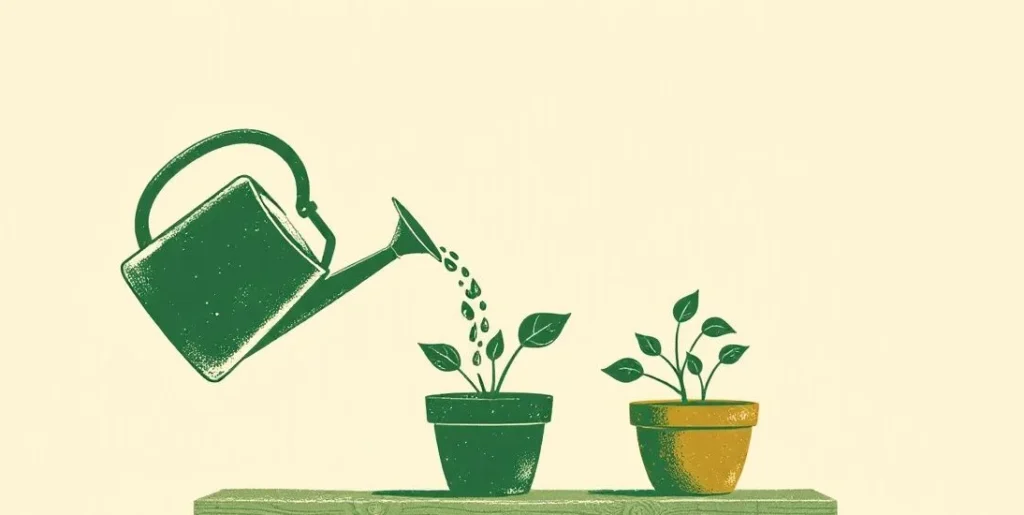Illustration of one watering can watering two flower pots at once