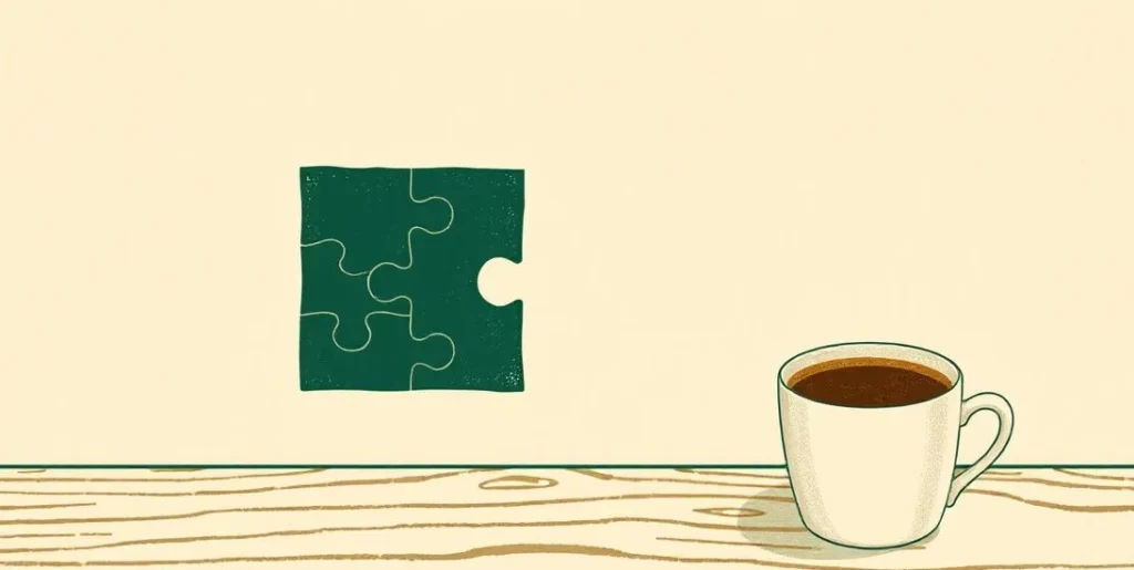 Illustration of two puzzle pieces fitting together beside a cup of coffee