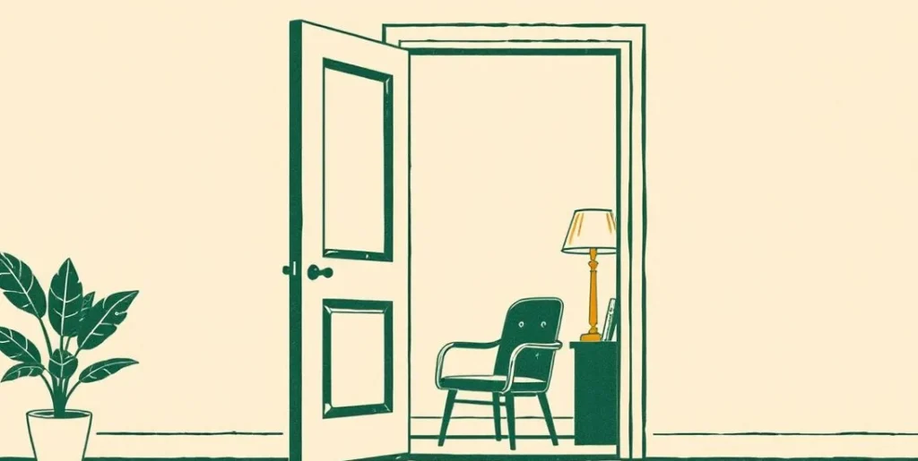 Illustration of an open office door with a lamp and a waiting chair