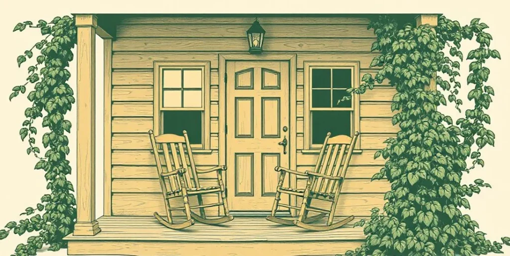 Illustration of an old porch with two rocking chairs and vines around a lantern