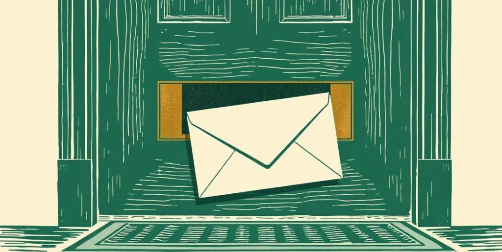 Illustration of an envelope dropping through the letter slot of a front door
