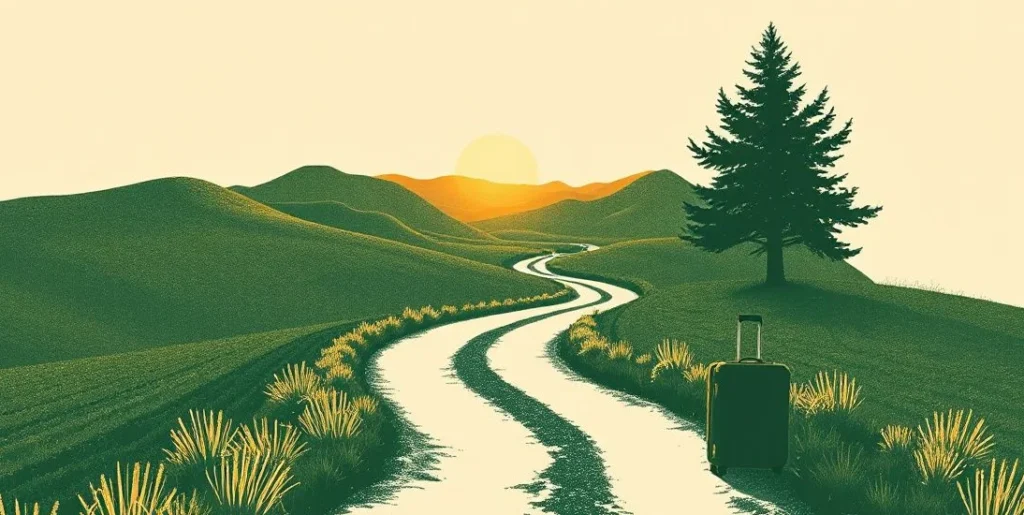 Illustration of a packed suitcase beside a road leading toward a sunrise