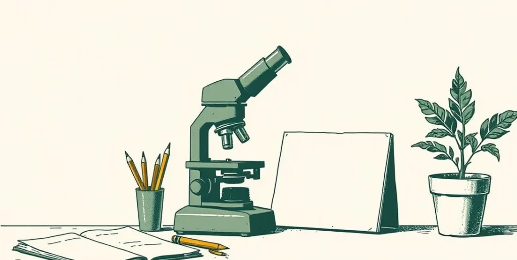 Illustration of a microscope beside a blank notebook and pencils on a lab bench