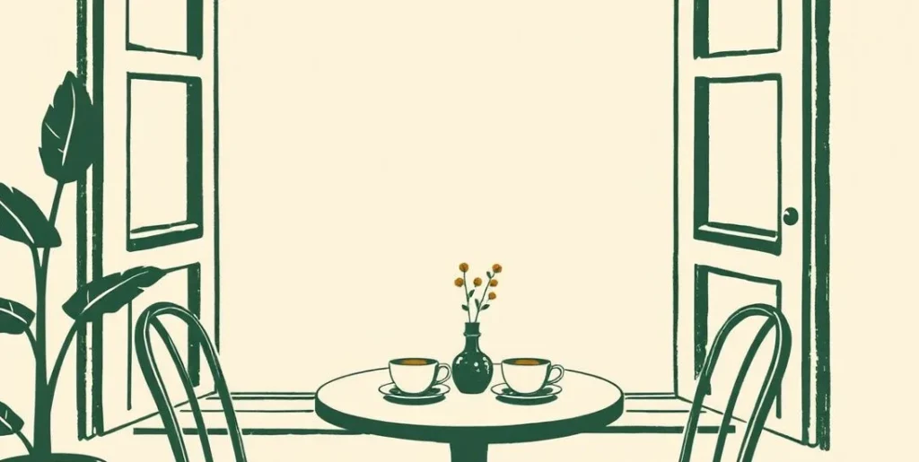 Illustration of a café table for two with coffee cups and a small vase