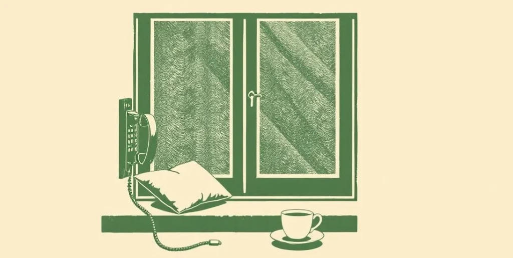 Illustration of a vintage wall telephone beside a cushioned window seat and tea
