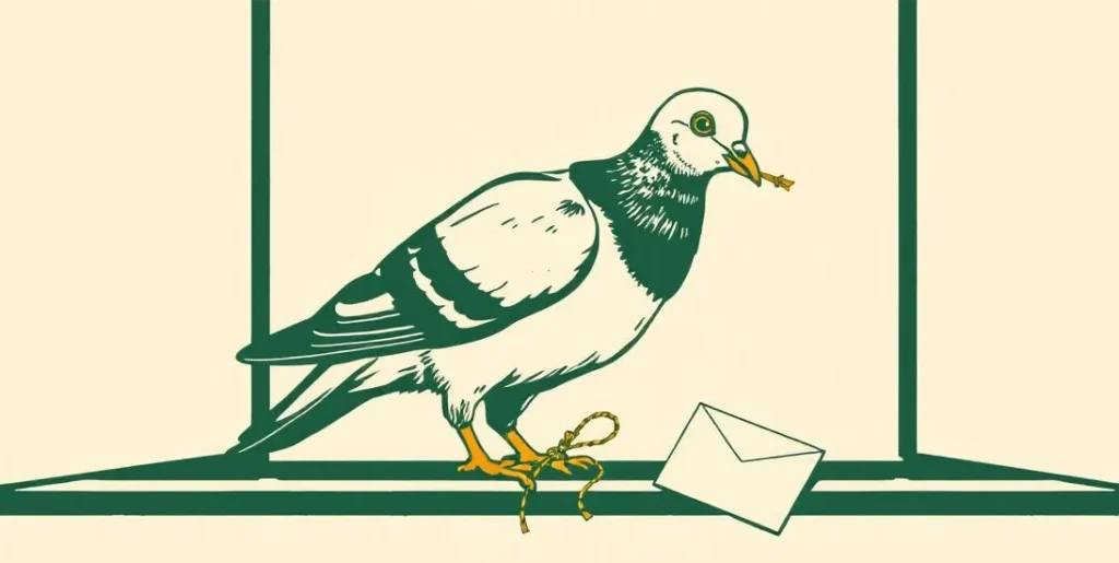 Illustration of a carrier pigeon on a windowsill with a rolled message